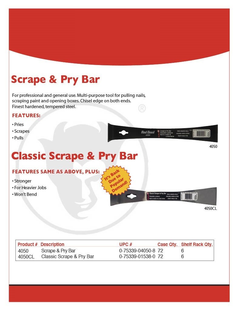 Red Devil 4050CL Classic Scrape & Pry Bar - Heavy-Duty Multi-Purpose Tool, Hardened Steel Construction, Dual Chisel Edges